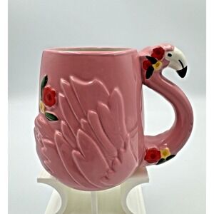 Pink Flamingo Ceramic Coffee Mug Cup ~ 3D with Flowers New without Tag